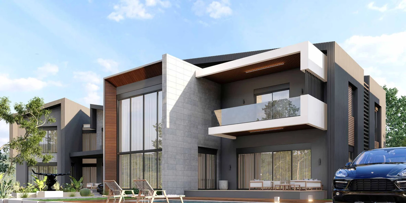 Villa cephe ve havuz görünümü